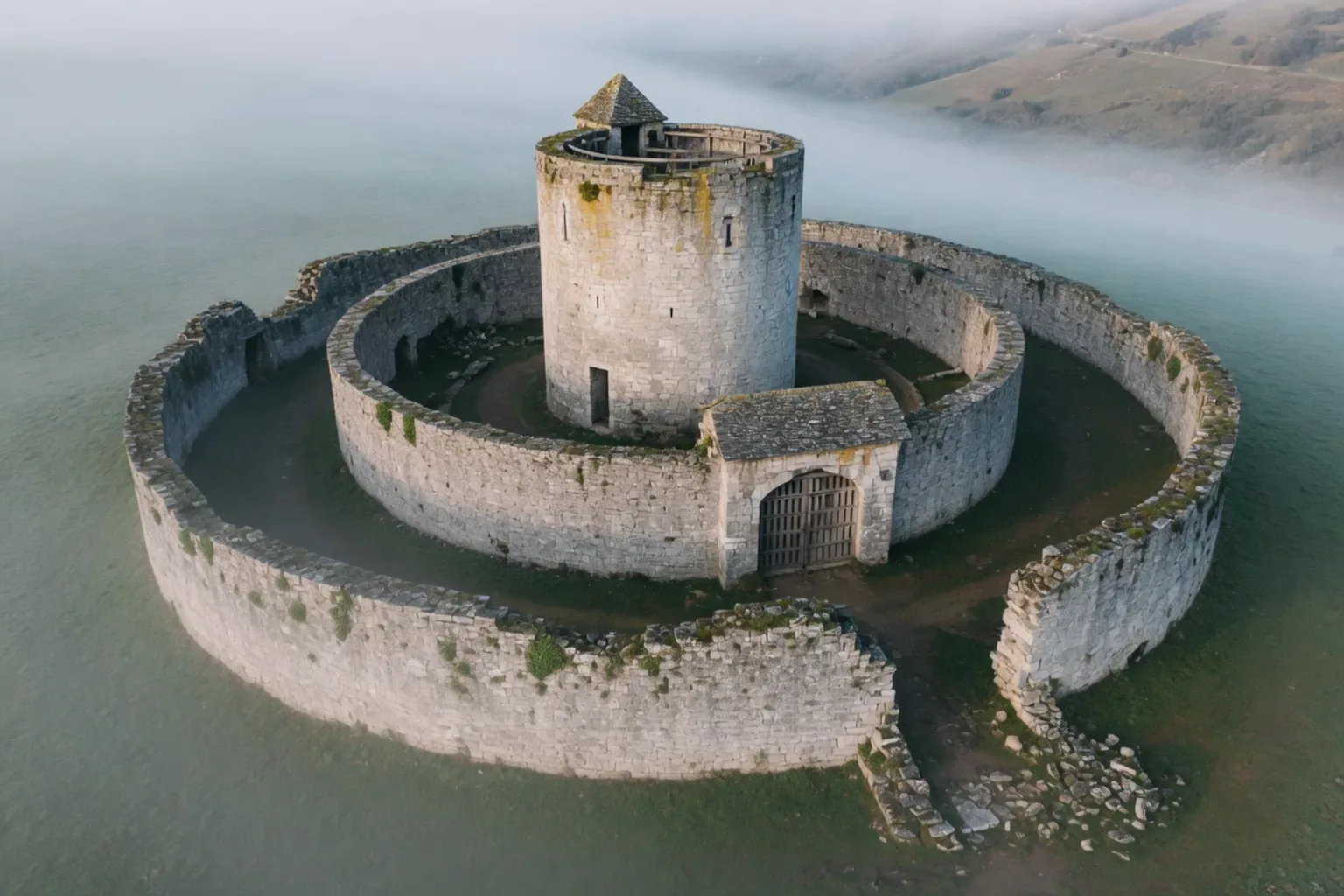 Aerial view of a round stone keep inside two concentric curtain walls, in mist, with a timber gate in the inner wall.